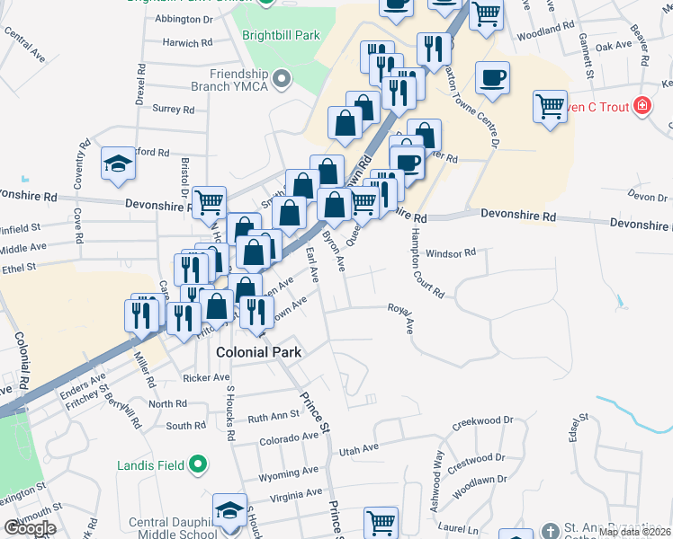 map of restaurants, bars, coffee shops, grocery stores, and more near 204 Byron Avenue in Harrisburg
