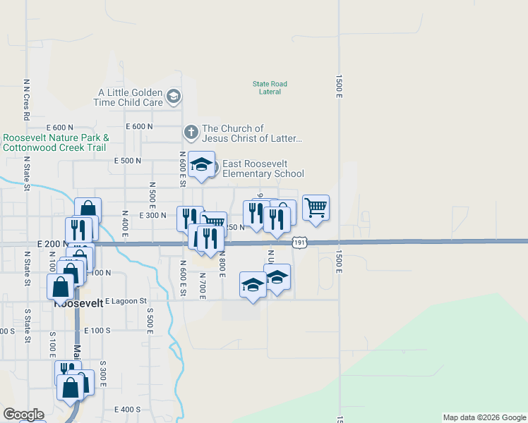 map of restaurants, bars, coffee shops, grocery stores, and more near 945 East 300 North in Roosevelt