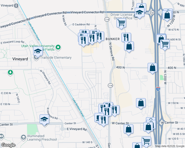 map of restaurants, bars, coffee shops, grocery stores, and more near 685 East 355 North in Vineyard