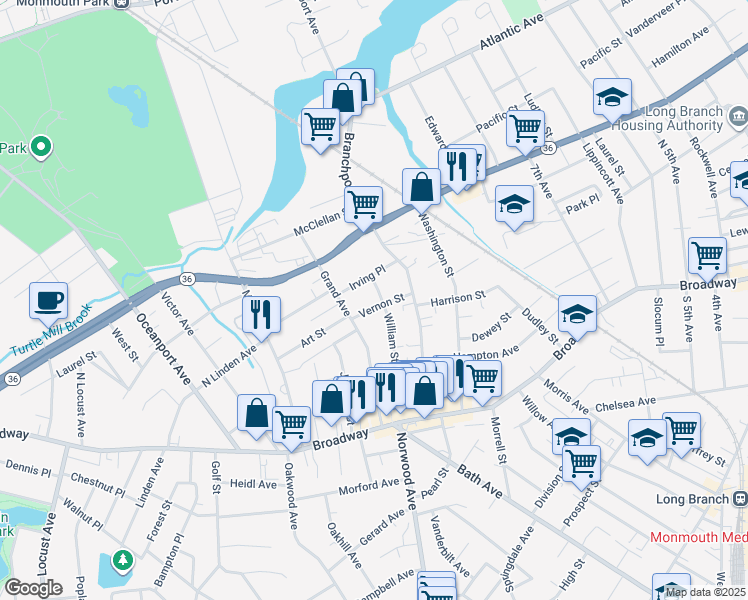 map of restaurants, bars, coffee shops, grocery stores, and more near 611 Vernon Street in Long Branch