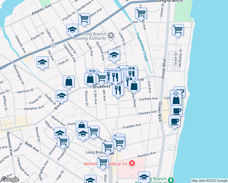 map of restaurants, bars, coffee shops, grocery stores, and more near 22 3rd Avenue in Long Branch