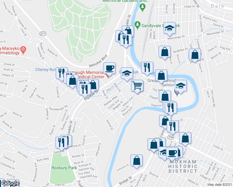 map of restaurants, bars, coffee shops, grocery stores, and more near 1087 McKinley Avenue in Johnstown