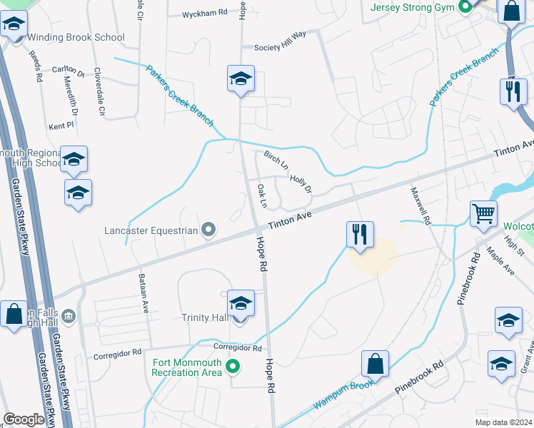 map of restaurants, bars, coffee shops, grocery stores, and more near 51 Oak Lane in Eatontown