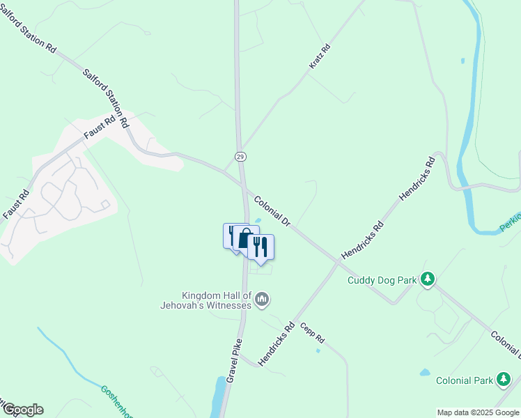map of restaurants, bars, coffee shops, grocery stores, and more near 222 Colonial Drive in Perkiomenville