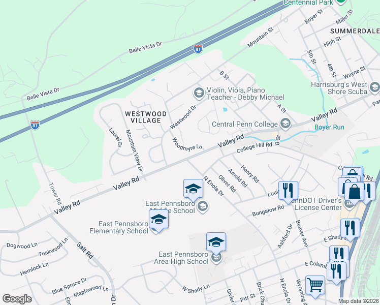 map of restaurants, bars, coffee shops, grocery stores, and more near 35 Woodmyre Lane in Enola