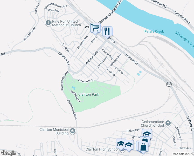 map of restaurants, bars, coffee shops, grocery stores, and more near 513 Division Avenue in Clairton