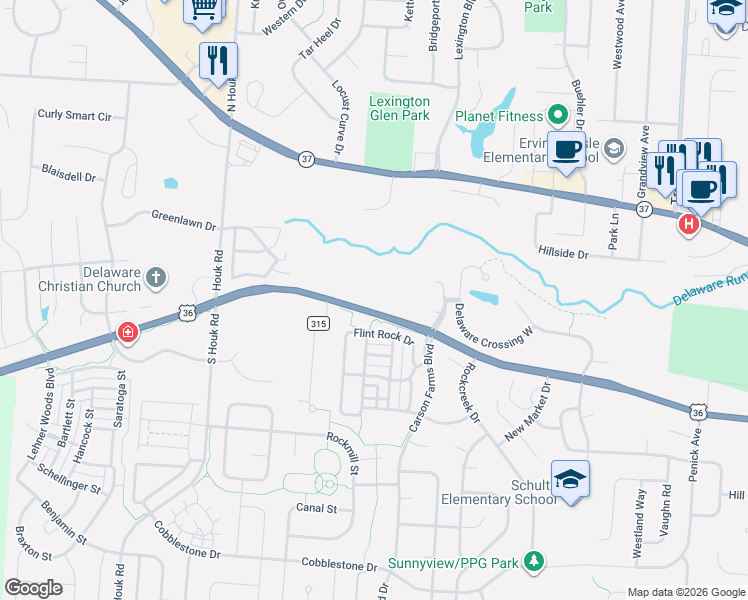 map of restaurants, bars, coffee shops, grocery stores, and more near 1590 West William Street in Delaware