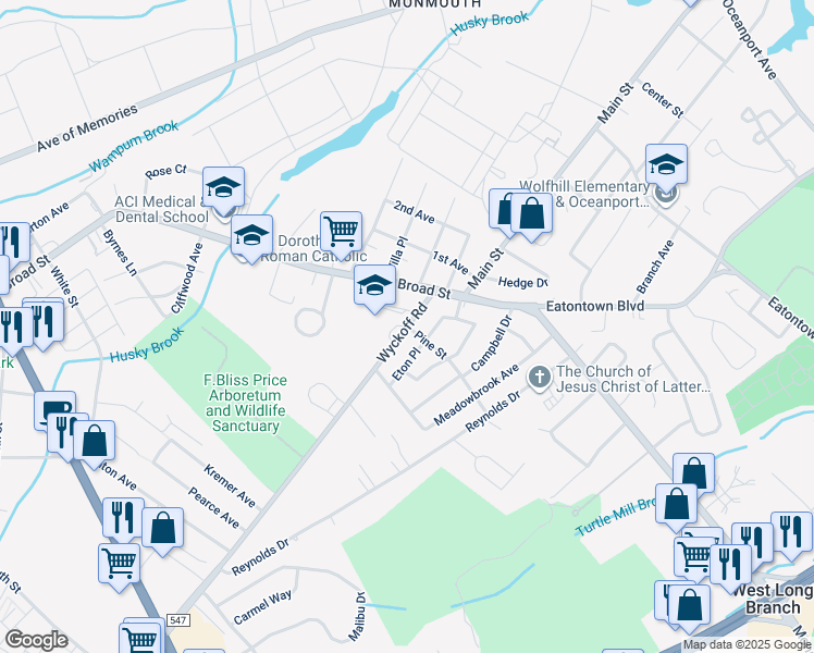 map of restaurants, bars, coffee shops, grocery stores, and more near 21 Wyckoff Road in Eatontown