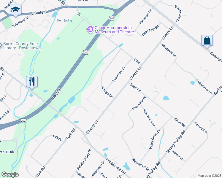 map of restaurants, bars, coffee shops, grocery stores, and more near 73 Townview Drive in Doylestown