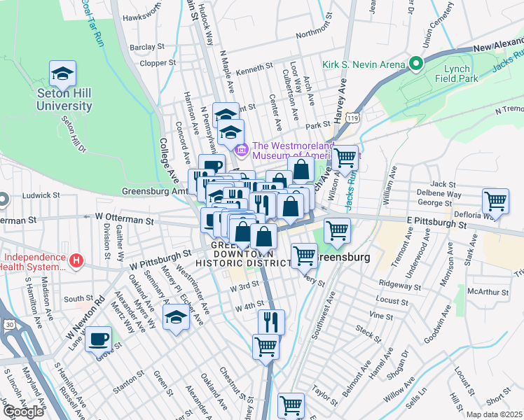 map of restaurants, bars, coffee shops, grocery stores, and more near 24 East Otterman Street in Greensburg