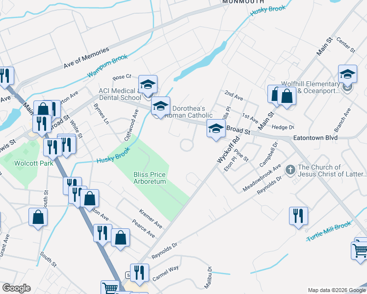map of restaurants, bars, coffee shops, grocery stores, and more near 17 Elizabeth Pkwy in Eatontown