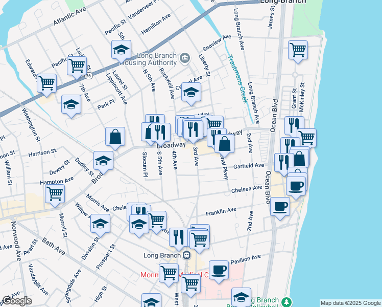 map of restaurants, bars, coffee shops, grocery stores, and more near 22 3rd Avenue in Long Branch