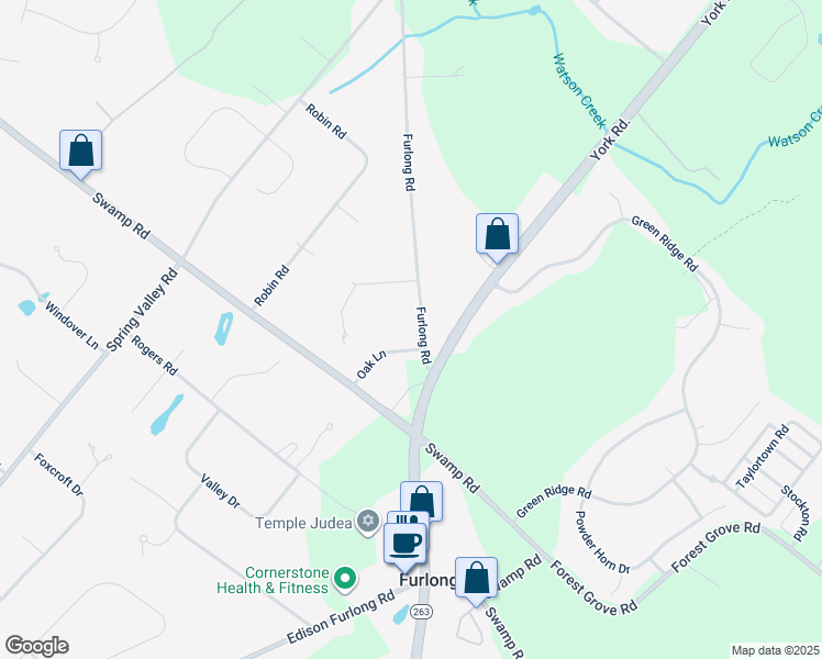 map of restaurants, bars, coffee shops, grocery stores, and more near 3684 Oak Lane in Furlong