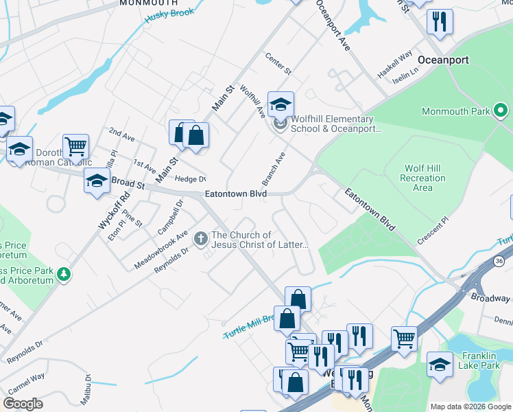map of restaurants, bars, coffee shops, grocery stores, and more near 7 1/2 Irma Place in Oceanport