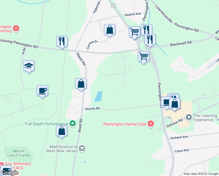 map of restaurants, bars, coffee shops, grocery stores, and more near in Pennington