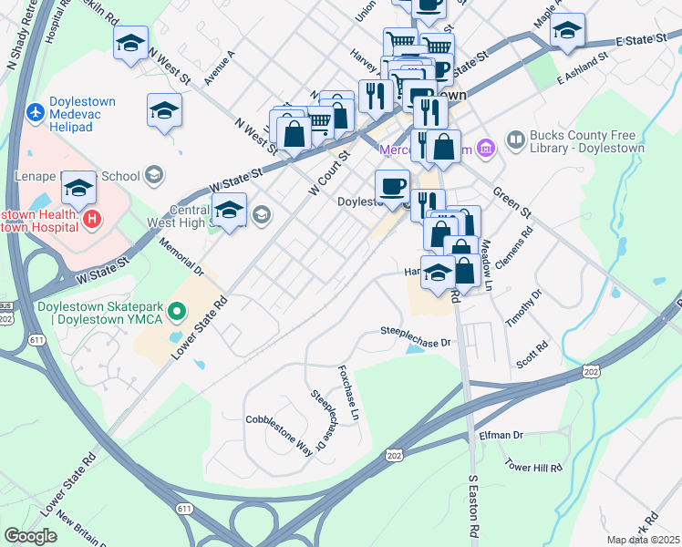 map of restaurants, bars, coffee shops, grocery stores, and more near 260 West Ashland Street in Doylestown