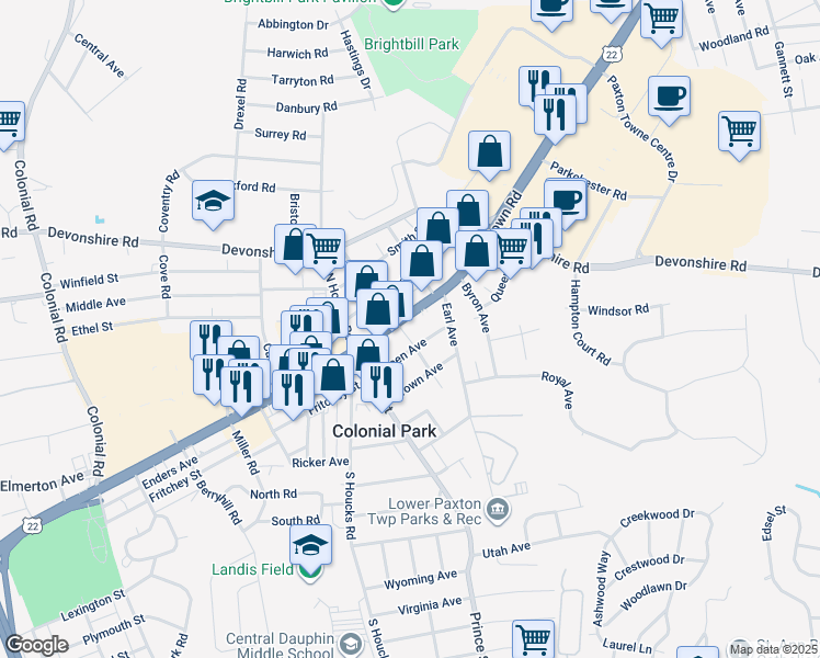 map of restaurants, bars, coffee shops, grocery stores, and more near 4747 Jonestown Road in Harrisburg