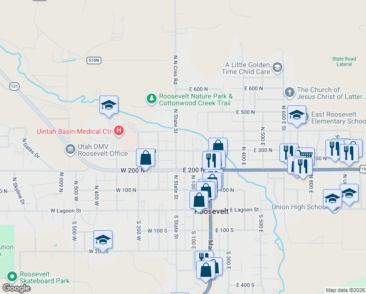 map of restaurants, bars, coffee shops, grocery stores, and more near 45 East 300 North in Roosevelt