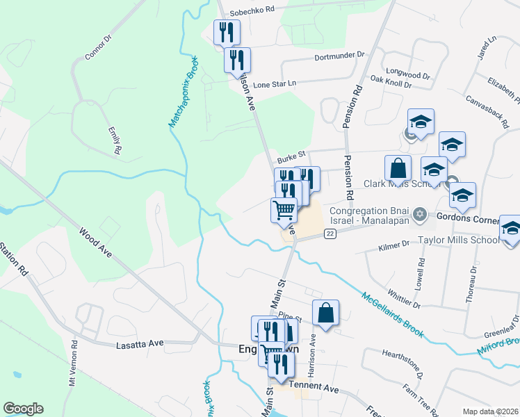 map of restaurants, bars, coffee shops, grocery stores, and more near 56 Oxford Court in Manalapan Township
