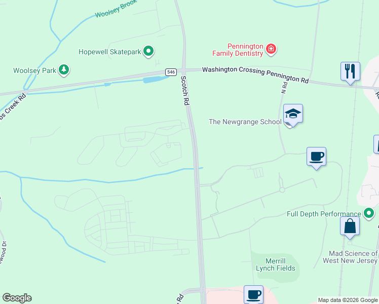map of restaurants, bars, coffee shops, grocery stores, and more near 449 Scotch Road in Hopewell Township