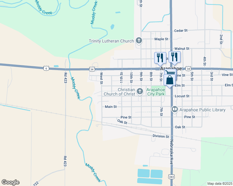 map of restaurants, bars, coffee shops, grocery stores, and more near 501-507 12th Street in Arapahoe