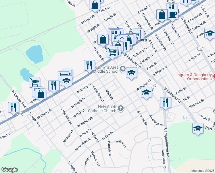 map of restaurants, bars, coffee shops, grocery stores, and more near 242 West Maple Street in Palmyra