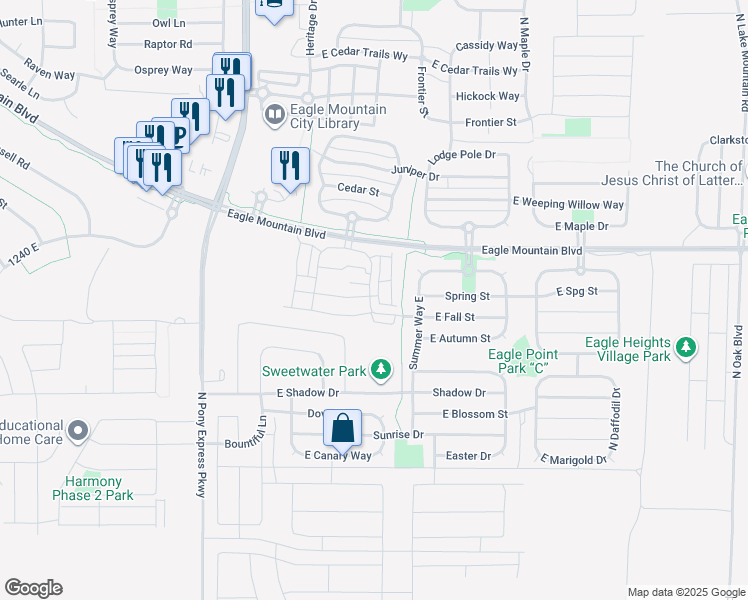 map of restaurants, bars, coffee shops, grocery stores, and more near 1843 North Cosmos Drive in Eagle Mountain