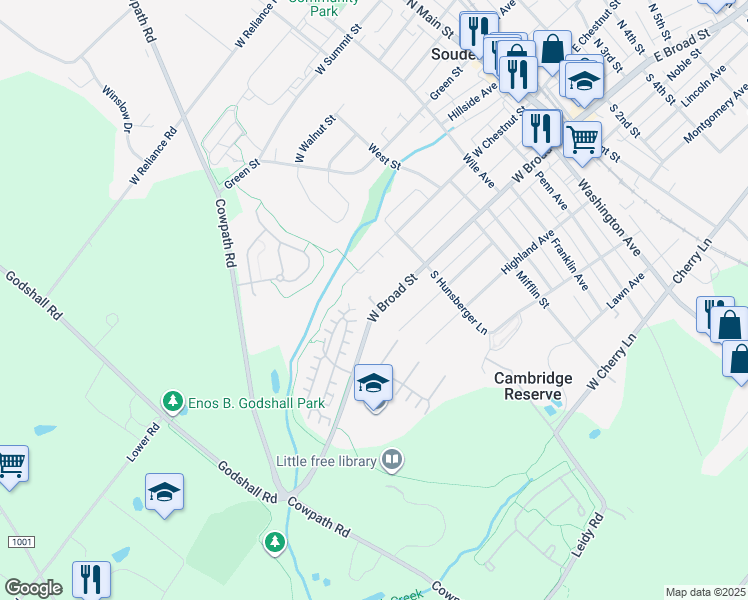 map of restaurants, bars, coffee shops, grocery stores, and more near 364 West Broad Street in Souderton