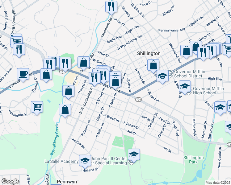map of restaurants, bars, coffee shops, grocery stores, and more near 22 South Miller Street in Shillington
