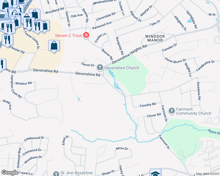 map of restaurants, bars, coffee shops, grocery stores, and more near 5785 Devonshire Rd in Harrisburg
