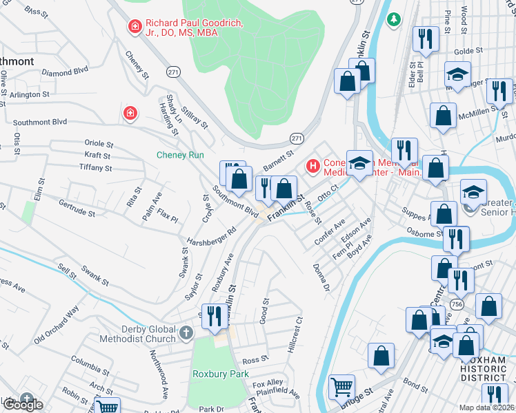 map of restaurants, bars, coffee shops, grocery stores, and more near 1171 Hunt Street in Johnstown