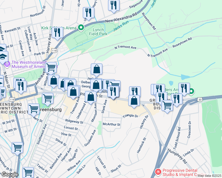 map of restaurants, bars, coffee shops, grocery stores, and more near 644 George Street in Greensburg
