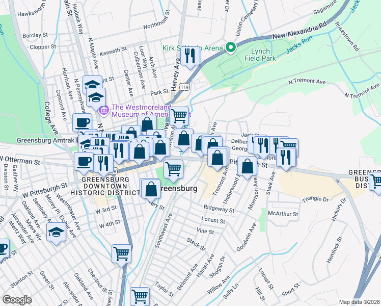 map of restaurants, bars, coffee shops, grocery stores, and more near 305 East Pittsburgh Street in Greensburg