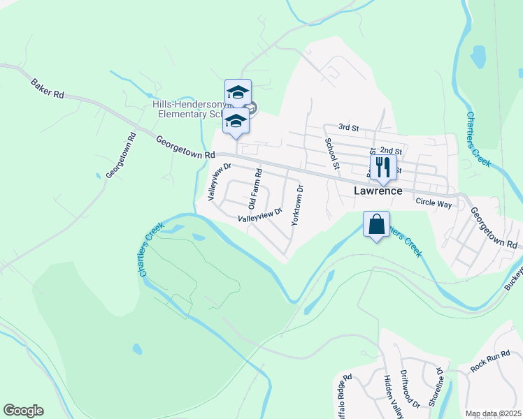map of restaurants, bars, coffee shops, grocery stores, and more near 1221 Valleyview Drive in Lawrence