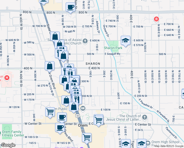 map of restaurants, bars, coffee shops, grocery stores, and more near 111 East 350 North Street in Orem