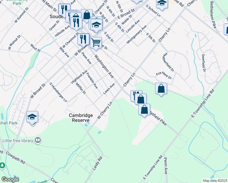 map of restaurants, bars, coffee shops, grocery stores, and more near 319 Penn Ave in Souderton