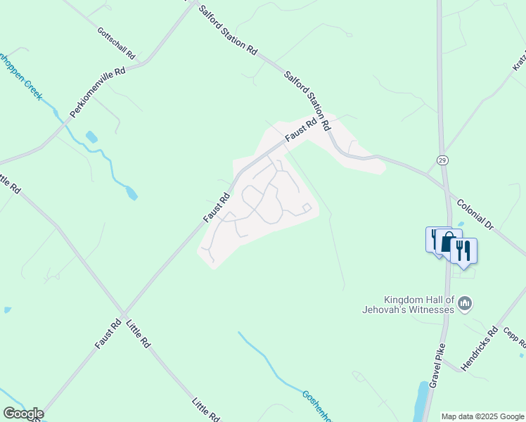 map of restaurants, bars, coffee shops, grocery stores, and more near 1109 Pin Oak Drive in Perkiomenville