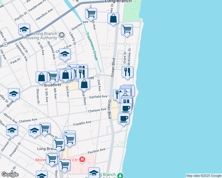 map of restaurants, bars, coffee shops, grocery stores, and more near 4 Ocean Boulevard in Long Branch