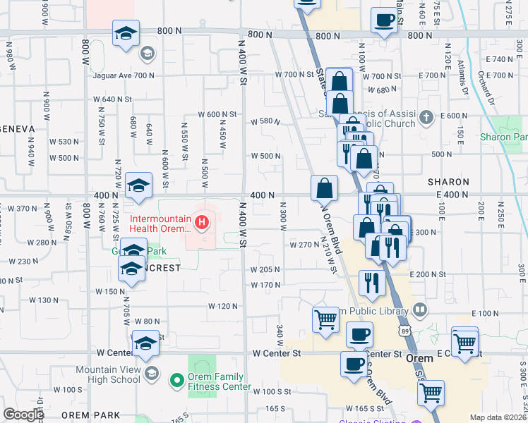 map of restaurants, bars, coffee shops, grocery stores, and more near 342 W 350 N in Orem