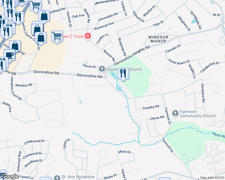 map of restaurants, bars, coffee shops, grocery stores, and more near 5785 Devonshire Rd in Harrisburg