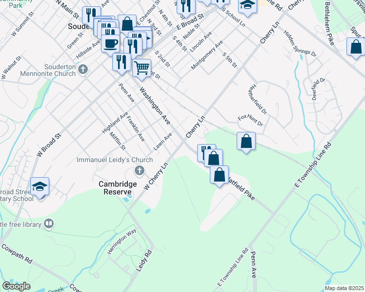 map of restaurants, bars, coffee shops, grocery stores, and more near 200 West Cherry Lane in Souderton