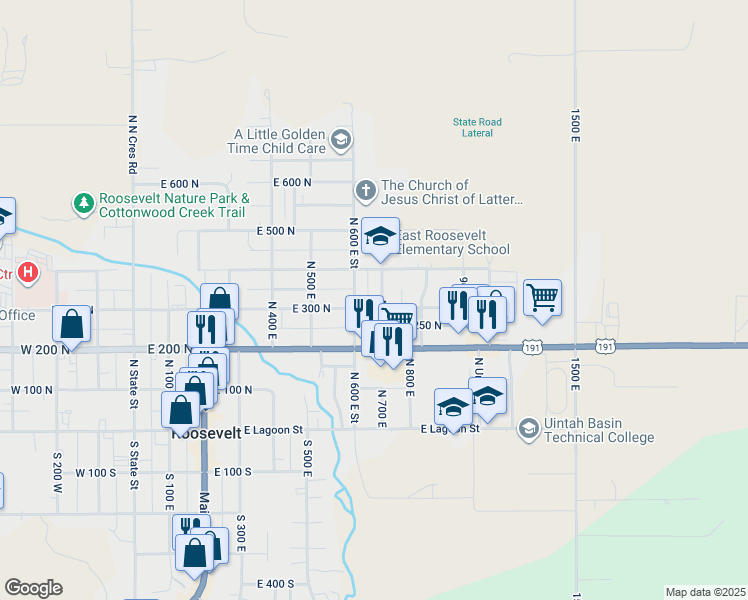 map of restaurants, bars, coffee shops, grocery stores, and more near 693 East 300 North in Roosevelt
