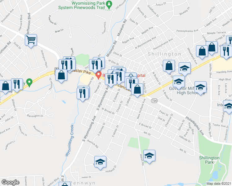 map of restaurants, bars, coffee shops, grocery stores, and more near 30 South Sterley Street in Shillington
