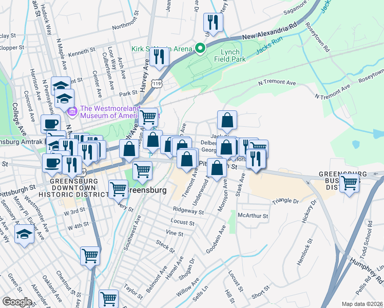 map of restaurants, bars, coffee shops, grocery stores, and more near 505 East Pittsburgh Street in Greensburg