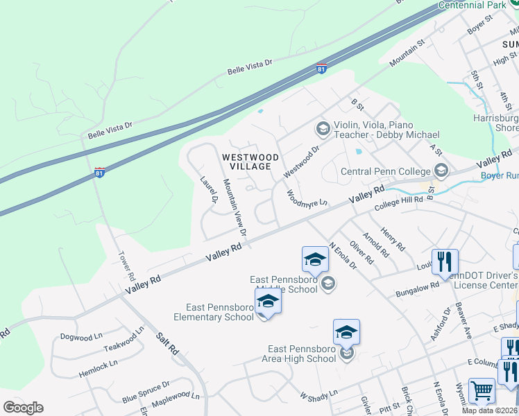 map of restaurants, bars, coffee shops, grocery stores, and more near 38 Westwood Court in Enola