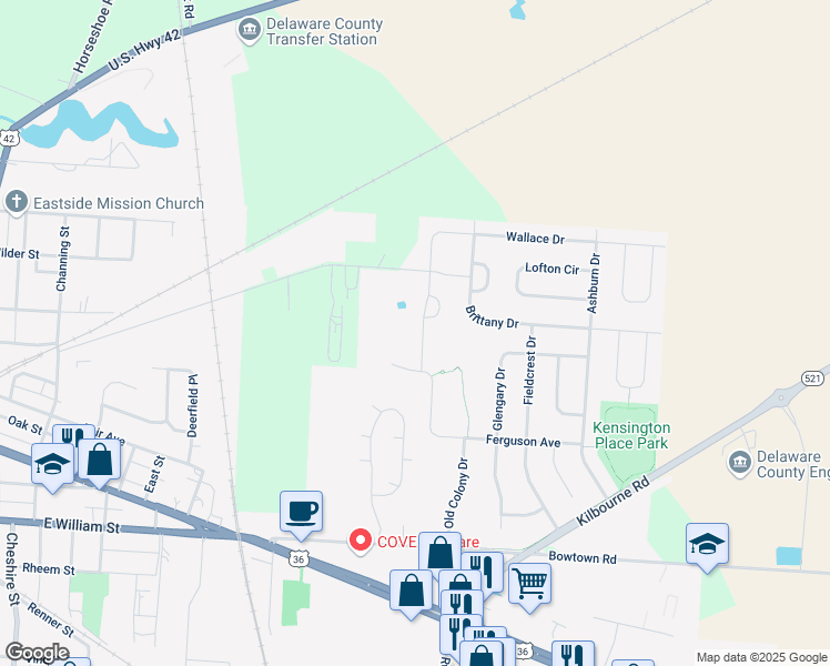 map of restaurants, bars, coffee shops, grocery stores, and more near 687 Wallace Drive in Delaware