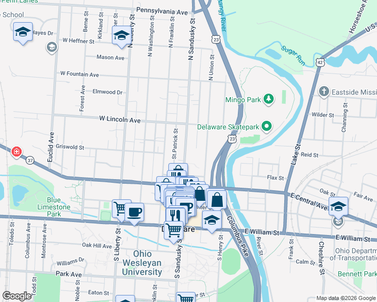 map of restaurants, bars, coffee shops, grocery stores, and more near 150 North Sandusky Street in Delaware