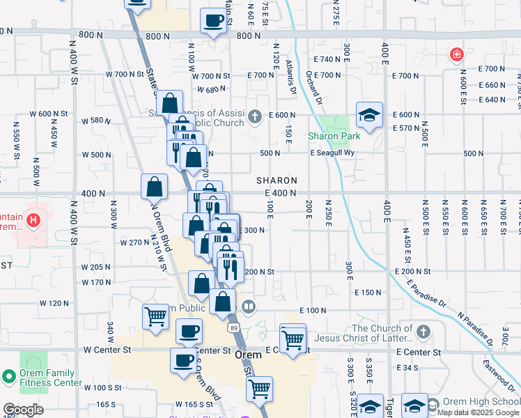 map of restaurants, bars, coffee shops, grocery stores, and more near 54 350 North in Orem