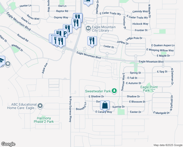 map of restaurants, bars, coffee shops, grocery stores, and more near 3889 North Aggie Drive in Eagle Mountain
