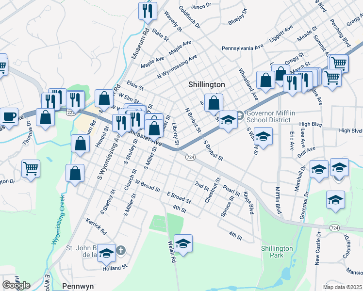 map of restaurants, bars, coffee shops, grocery stores, and more near 1 U.S. 222 Business in Shillington